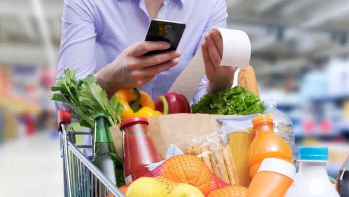 Niveles de Precios de Consumo de los Hogares en la Person pushing a supermarket car full of groceries and looking at receipt and phone