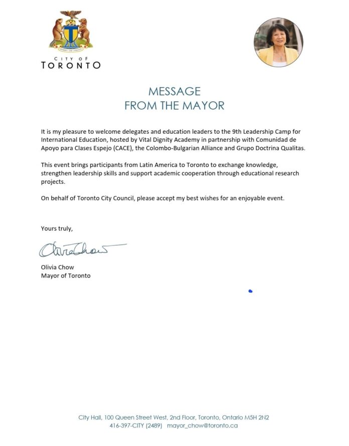 Doctrina Qualitas y Vital Dignity: Apoyo Institucional de la Alcaldesa Doctrina Qualitas y su partner canadiense Vital Dignity, reciben el respaldo institucional de la alcaldesa de Toronto y del premier de Ontario