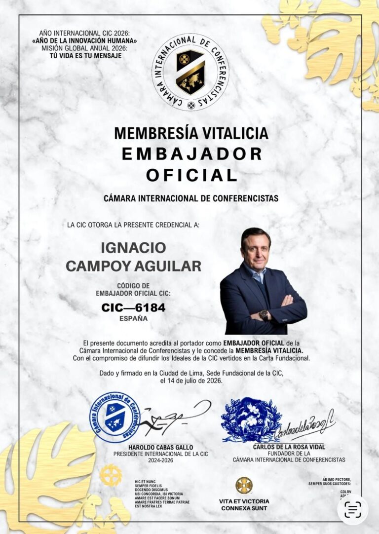 Ignacio Campoy Aguilar Recibe la Membresía Vitalicia como Embajador Oficial de la Cámara Internacional de Conferencistas