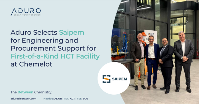 Aduro Selecciona a Saipem para Apoyo en Ingeniería y Aprovisionamiento Aduro elige a Saipem para que le preste apoyo en ingeniería y aprovisionamiento para la primera instalación de HCT de este tipo en Chemelot